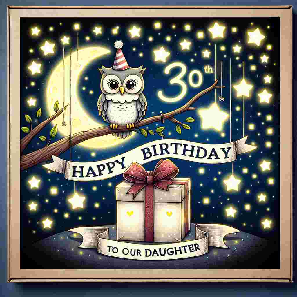 An illustration set against a backdrop of the night sky, twinkling stars spell out 'Happy 30th'. A cartoon owl wearing a party hat sits atop a branch holding a banner with 'Happy Birthday'. Below, a heart-shaped moon illuminates a present with a tag that reads 'To our daughter' tied with a ribbon.
Generated with these themes: 30th   daughter.
Made with ❤️ by AI.