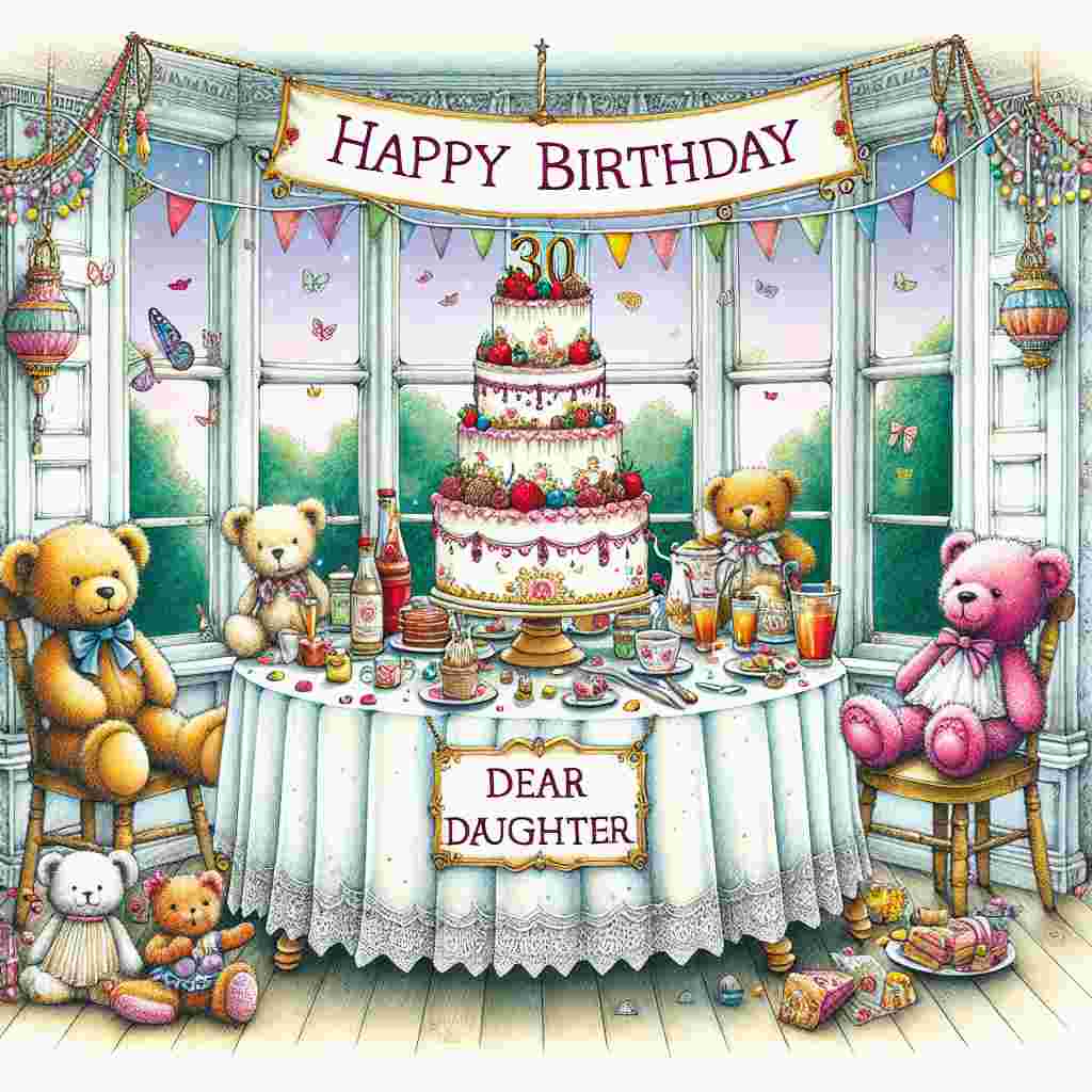 This adorable illustration shows a fantasy tea party with stuffed animals seated around a table. At the center of the table is a tiered cake with 'Happy 30th' on the top tier and 'Dear Daughter' on the bottom tier. Overhead, a banner with the words 'Happy Birthday' adds a festive touch to the whimsical scene.
Generated with these themes: 30th   daughter.
Made with ❤️ by AI.