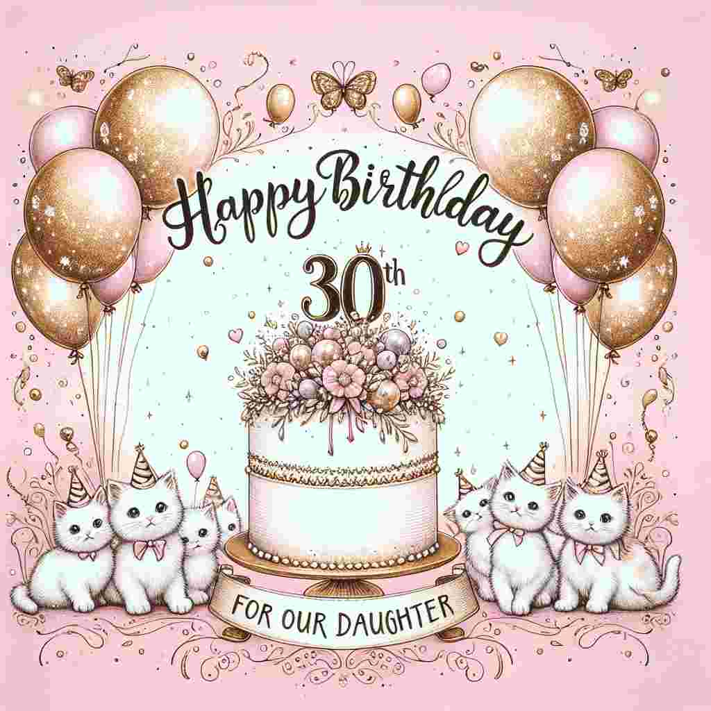 A charming illustration features a pastel pink background adorned with shimmering balloons and a banner that reads 'Happy 30th Birthday'. In the center, there's a beautifully sketched cake with 'For Our Daughter' delicately written on top, surrounded by playful kittens wearing party hats.
Generated with these themes: 30th   daughter.
Made with ❤️ by AI.