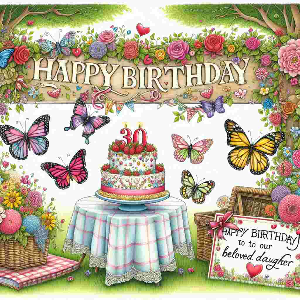 The illustration depicts a cheerful garden scene with butterflies fluttering around a large 'Happy Birthday' sign. Below the sign, there's a picnic setup with a birthday cake that has '30th' in elegant icing and a note saying 'To our beloved daughter', all encompassed by a heart-shaped floral garland.
Generated with these themes: 30th   daughter.
Made with ❤️ by AI.