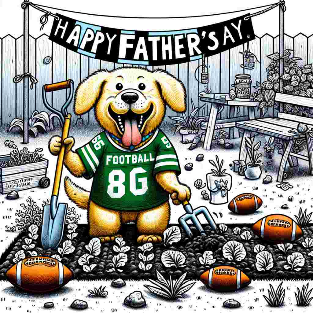 Generate an amusing cartoon scene for Father's Day set in a disorderly community garden. In this scene, a Golden Retriever wearing a football jersey joyfully digs up a line of vegetables, its eyes sparkling with impish delight, symbolically expressing its belief in assisting with the garden work. A banner bearing the words 'Happy Father's Day' sways in the wind above the scene, and footballs, some half-buried, are strewn about the garden plot.
Generated with these themes: Football , Allotment, and Golden retriever.
Made with ❤️ by AI.