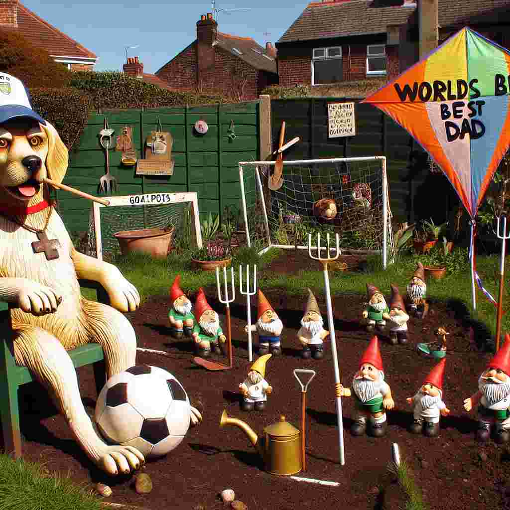 A sunny backyard allotment serves as the peculiar stage of a whimsical scene. Dominating the plot, a golden retriever, donning a coach's cap and a whistle around its neck, seems to be giving a football tutorial to a group of attentive garden gnomes. Goalposts, innovatively crafted from garden rakes and hoes, define the playing field while a football leans casually against a sign that reads 'Dad's Plot'. Enhancing the charm of the scene, a kite, designed to resemble a shiny trophy, dances in the wind. Festooned with ribbons proudly declaring 'World's Best Dad', it floats above the unexpected, delightful chaos.
Generated with these themes: Football , Allotment, and Golden retriever.
Made with ❤️ by AI.