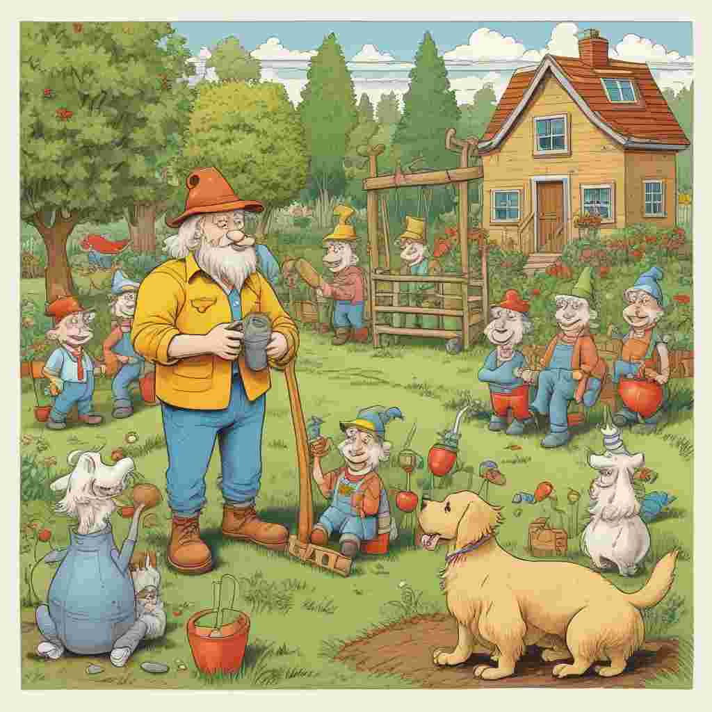 Cartoon Funny, A sunny backyard allotment serves as the peculiar stage of a whimsical scene. Dominating the plot, a golden retriever, donning a coach's cap and a whistle around its neck, seems to be giving a football tutorial to a group of attentive garden gnomes. Goalposts, innovatively crafted from garden rakes and hoes, define the playing field while a football leans casually against a sign that reads 'Dad's Plot'. Enhancing the charm of the scene, a kite, designed to resemble a shiny trophy, dances in the wind. Festooned with ribbons proudly declaring 'World's Best Dad', it floats above the unexpected, delightful chaos.
Generated with these themes: Football , Allotment, and Golden retriever.
Made with ❤️ by AI.