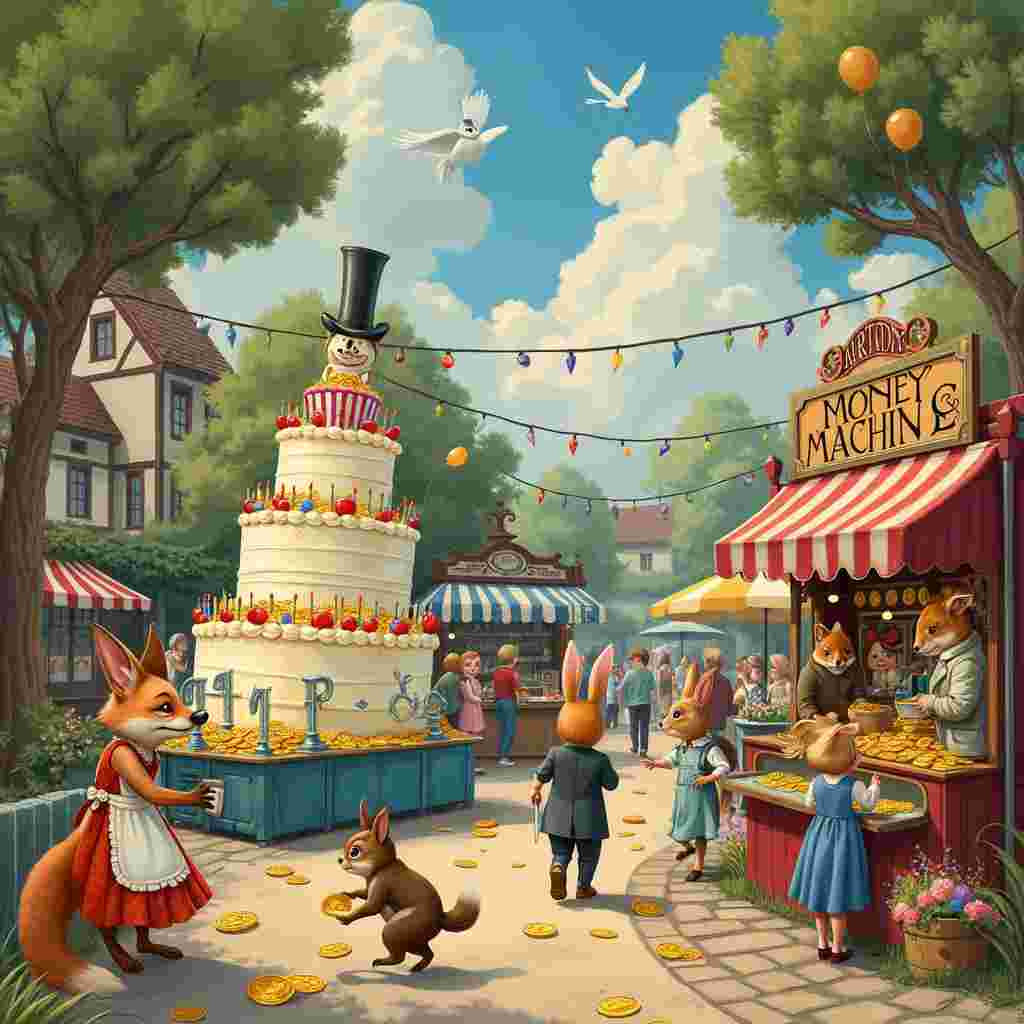 Sure, let me paint a picture with words for you:

Imagine a whimsical, bustling outdoor birthday market scene reminiscent of a festive celebration in a quaint, storybook village. The scene is brimming with intricate details inspired by the illustrative geniuses like Quentin Blake and Beatrix Potter. 

In the center, there’s a grandiose, oversized birthday cake stall, its tiers comically leaning, covered in a myriad of colorful candles that seem to defy gravity. Surrounding the cake are characters that blend Beardsley’s ornate style and Sendak’s playful creatures: a dapper fox in a top hat and monocle, carefully balancing a plate of gold coins atop the cake, and a mischievous squirrel in a frilly apron, wrapping the cake in currency-shaped ribbons.

Nearby, a makeshift “Money Machine” carnival game stands out, channeling the vibrant hues of Parrish and the detailed chaos of Rockwell. The machine is an elaborate contraption with oversized levers and spinning gears, flashing lights, and a big sign reading “Win Your Birthday Bucks!” A line of characters, each more peculiar than the last, eagerly wait their turn. A pig in a suit clutches a wallet overflowing with bills, while a rabbit in a polka-dot dress holds a giant golden coin.

Off to one side, there’s a charming little market stall draped in lush green garlands where a whimsical owl banker, reminiscent of Gorey’s quirky illustrations, exchanges birthday wishes for paper money. Beside him, a stack of oversized birthday cards shaped like dollar bills, each card displaying exaggerated, hand-drawn caricatures of well-known presidents wearing party hats.

In the background, Rackham-inspired trees twist and curl around quaint cottages, their branches festooned with streamers and fairy lights. Children chase each other with balloon animals shaped like various currencies, their laughter frozen in mid-chase, adding dynamic movement to the still scene.

Above it all, in a sky painted with Parrish’s dreamy, surreal colors, a banner carried by a flight of pigeons reads, “Happy Birthday! May Your Day Be Rich with Joy!” Each pigeon sports a tiny satchel, spilling out confetti and coins, showering the scene below.

This scene combines the charm of old-timey illustrations with the whimsical absurdity of modern humor, ensuring a birthday greeting card that is rich in detail and storytelling.
Generated with these themes: Money .
Made with ❤️ by AI.