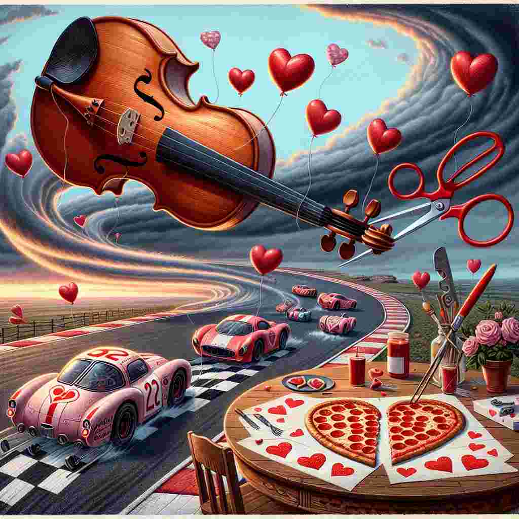 A whimsical illustration for Valentine's Day featuring two love-struck racecars, decorated with heart-shaped balloons, competing on a racetrack winding around an oversized, elaborate violin. Along the track's edge, a sentient pair of scissors is engaged in cutting out paper valentines in the shape of hearts. Multiple tables are placed nearby, each topped with a pepperoni pizza where the slices are arranged to form a heart shape. In the distant landscape, a gentle hurricane swirls gracefully, taking on a heart's shape. This storm's presence contributes dynamism to the scene, yet it does not disturb the romantic ambiance of the picture.
Generated with these themes: Racecars, Violin, Scissors, Pizza, and Hurricane.
Made with ❤️ by AI.