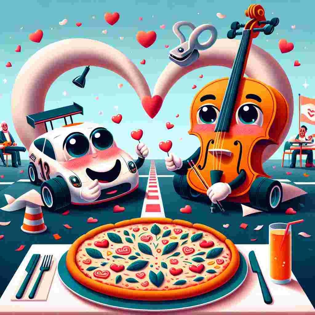 The image depicts a lively Valentine's Day scene. Two anthropomorphized racecars, given adorable, blush-filled faces, exchange endearing glances on a racetrack, the shape of the track resembling a violin. They leave behind trails of heart-shaped exhaust as they traverse the musical instrument-shaped route. Nearby, a massive pair of scissors produces heart-shaped confetti. In the foreground of the image, a pizza, its toppings carefully arranged to form a heart, beckons from a set table. In the background, a playful hurricane swirls, its center or 'eye' replaced by a calm, loving heart, contributing to the merriment and love-filled chaos of this special day.
Generated with these themes: Racecars, Violin, Scissors, Pizza, and Hurricane.
Made with ❤️ by AI.