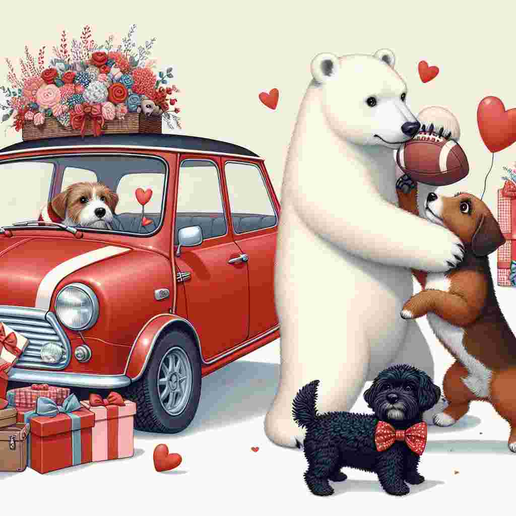 An illustration of a charming Valentine's Day scene where a polar bear and a Jack Russell dog are engaging in a playful tussle over a football. Nearby, a black Cockapoo is watching their antics, its fur adorned with a stylish bowtie. In the background, a compact red Mini car is parked, its trunk spilling over with an abundance of Valentine's Day presents, adding a festive and comical element to the scene.
Generated with these themes: Polar bear, Black cockapoo, Jack russel, Football, and Red mini.
Made with ❤️ by AI.