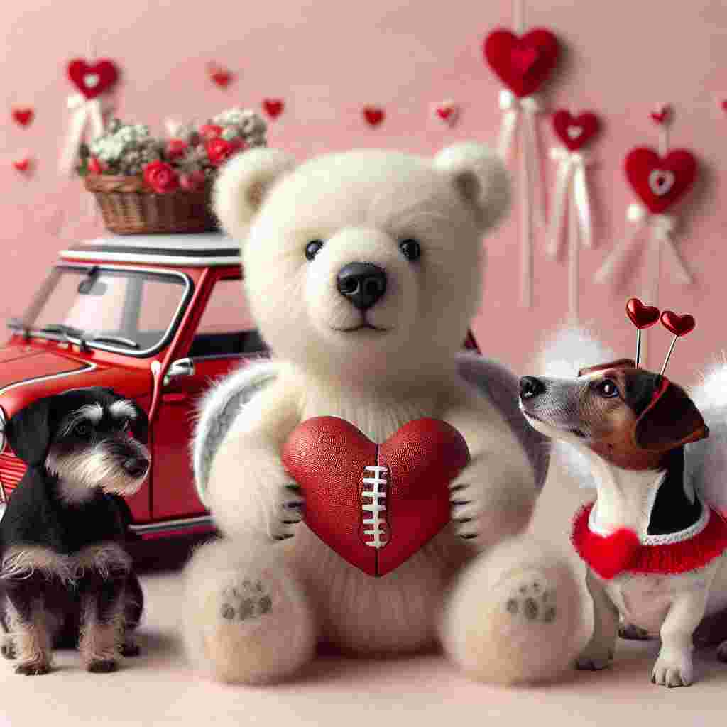 Imagine a playful Valentine's Day image, capturing a scene where a besotted polar bear is seen holding a heart-shaped football. The bear is seated between two dogs - a black Cockapoo and a Jack Russell, both donning adorable cupid wings. In the backdrop of this sweet vignette, there is a red Mini car, embellished with ribbons and symbols of love like hearts, hinting at a planned romantic escapade.
Generated with these themes: Polar bear, Black cockapoo, Jack russel, Football, and Red mini.
Made with ❤️ by AI.