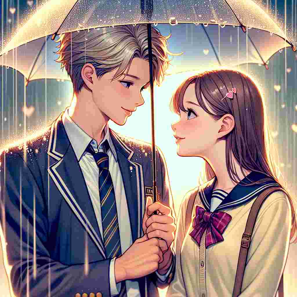 A captivating Valentine's Day illustration displays a young couple in school uniforms experiencing a tender moment under a soft rain. The boy, of Caucasian descent, with his blond hair subtly wet from the raindrops, upholds an umbrella over them, demonstrating a caring and protective gesture. The girl, of Hispanic descent, shows a gentle smile. Their affectionate gazes intersect, crafting a heartening scene that emanates the purity and thrill of first love.
Generated with these themes: School Uniform, Rain, and Blond Hair.
Made with ❤️ by AI.
