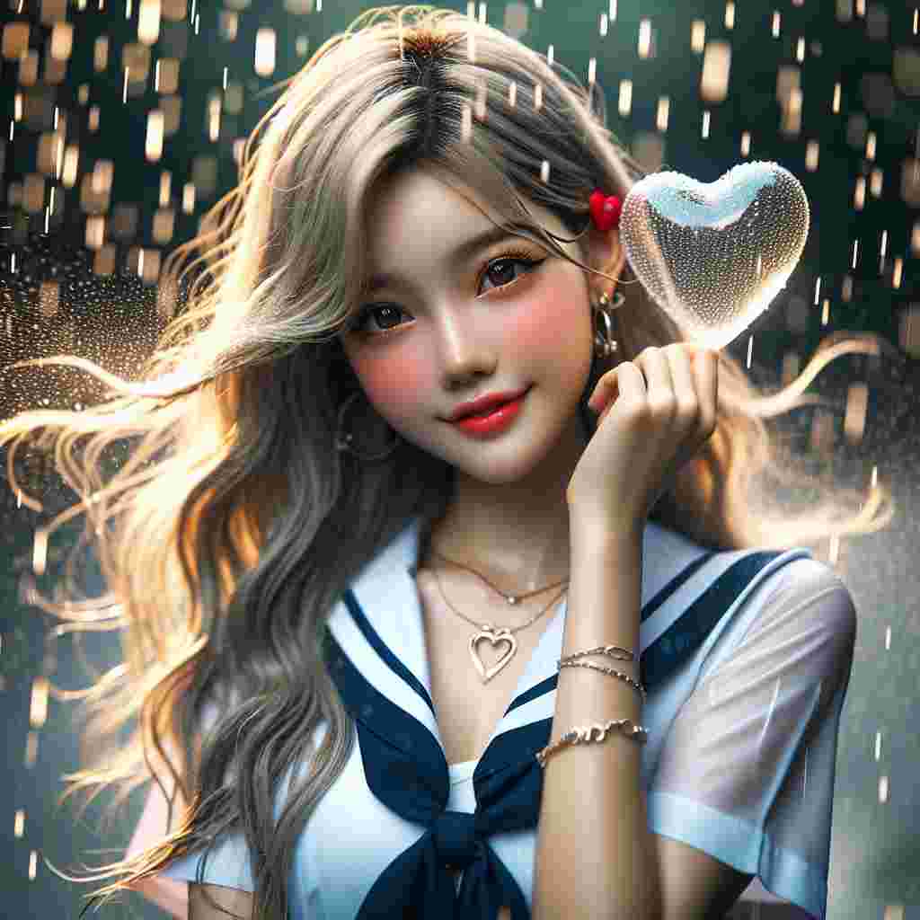 Visualize a youthful schoolgirl of South Asian descent with flowing blond hair, attired in her school uniform, standing under a soft drizzle during Valentine's Day. Hailing from South Asia, her eyes sparkle with excitement, embodying the rain's shimmering dance. She holds a heart-shaped balloon, communicating a sense of youthful love. The overall scene captures and combines the enchanting atmosphere of Valentine's Day with the rhythm of the dripping rain.
Generated with these themes: School Uniform, Rain, and Blond Hair.
Made with ❤️ by AI.