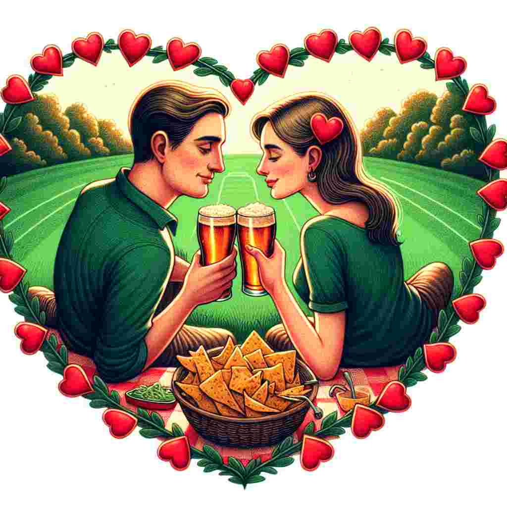 A romantic illustration finds an affectionate couple seated upon the verdant expanse of a football pitch. They are engrossed in a tranquil moment, raising pint glasses brimming with amber-colored beer in a quiet toast. Their eyes communicate a depth of affection and understanding. Encircling this heartfelt scene is a garland comprised of vibrant red hearts. Adding a touch of easy-going warmth, the foreground of the image hosts a picnic blanket, upon which rests a tempting plate of nachos. This image is to serve as an endearing depiction for Valentine's Day.
Generated with these themes: Millwall Football Club, Beer, and Nachos.
Made with ❤️ by AI.