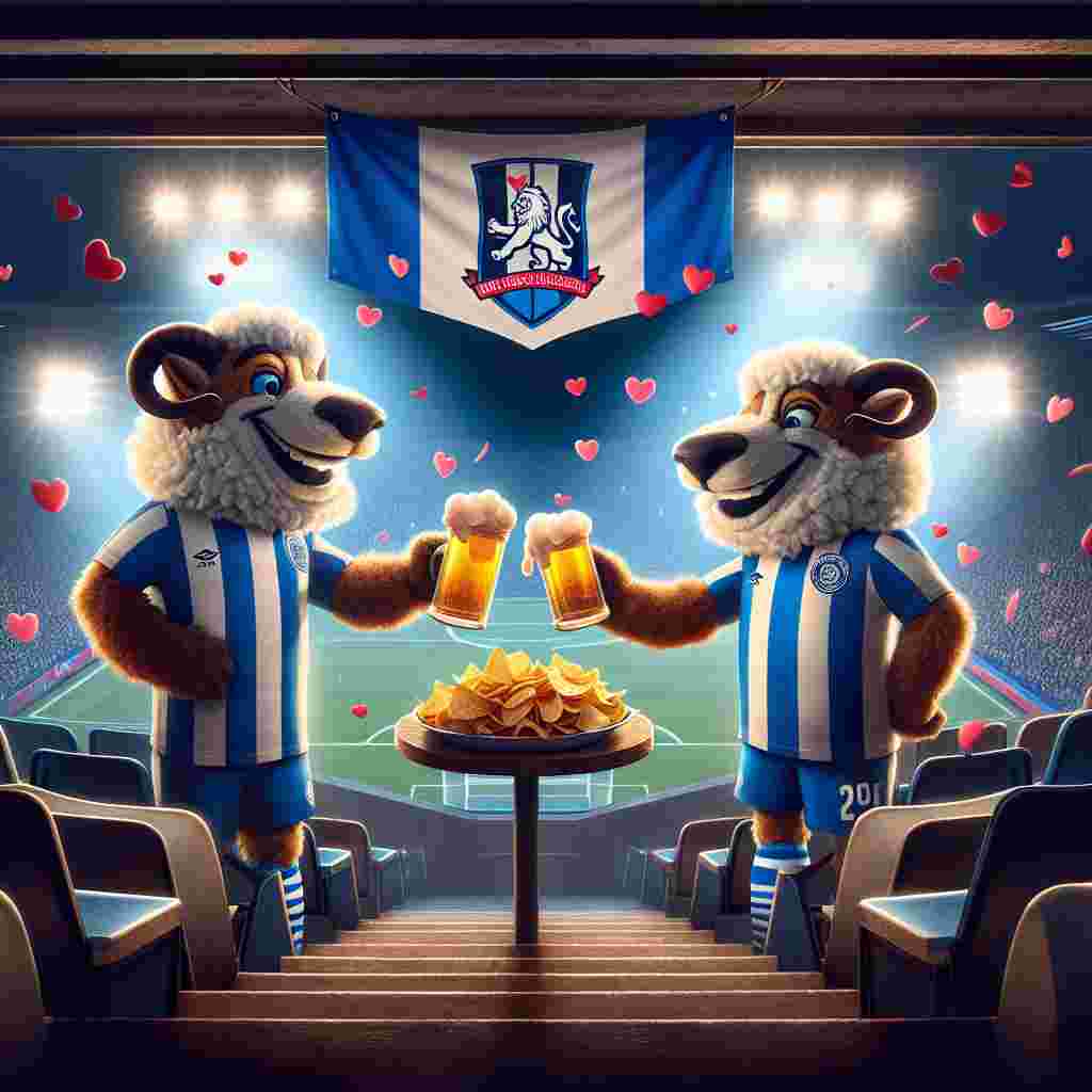 The scene is set in the dimly lit stands of a generic British football club, where a charming illustration shows two mascots dressed in blue and white striped kits, offering each other beers and nachos in a celebratory Valentine's gesture. Above them, a banner with an emblem of a roaring lion flutters amidst a flurry of heart-shaped confetti, while the stadium lights cast a soft, warm glow over the scene, creating an intimate atmosphere amidst the iconic football backdrop.
Generated with these themes: Millwall Football Club, Beer, and Nachos.
Made with ❤️ by AI.