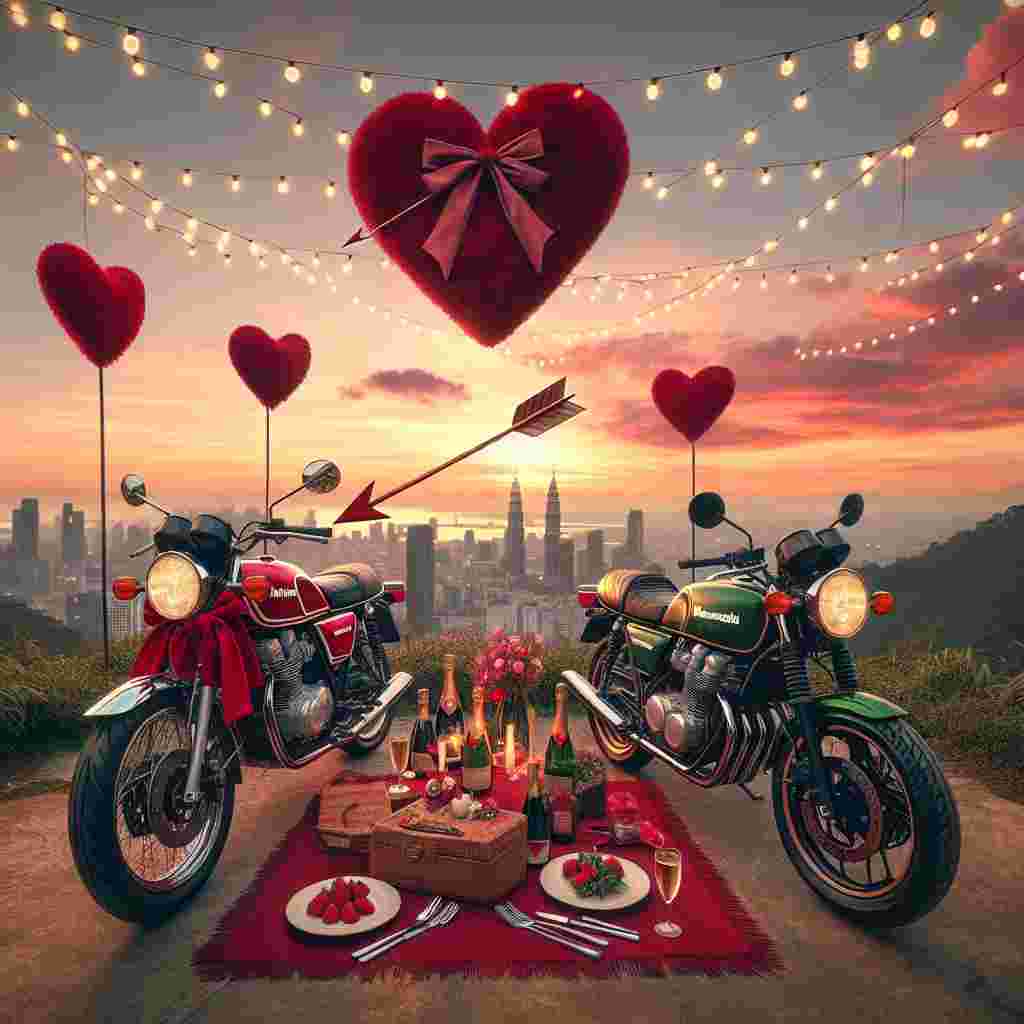 Enjoy this romantic Valentine's Day vista with a classic red Kawasaki motorcycle, adorned with a velvet bow around the handlebars, and a sporty green Kawasaki motorcycle with a playful cupid's arrow through its front wheel. Both are parked at a captivating viewpoint offering a breathtaking view of the city's skyline. Under a whimsical canopy of string lights shaped like hearts, a festive picnic has been prepared with luxurious touches like champagne and succulent strawberries. All of this is set in front of a mesmerizing sunset that paints the sky with warm hues, all in honor of love and companionship.
Generated with these themes: Red classic Kawasaki motorbike, and Green sports Kawasaki motorbike.
Made with ❤️ by AI.