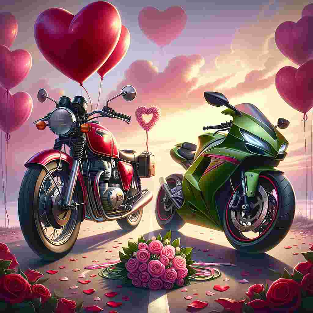 A captivating illustration perfect for Valentine's Day featuring two motorbikes as the star characters. In the foreground, there's a classic red motorbike, it's glossy paint reflecting the soft romantic colors of the sky with heart-shaped balloons attached to it. Next to it, a sleek green sports motorbike sits, a bouquet of roses delicately laid on its seat. The bikes are positioned on a path covered with petals, guiding towards a heart-shaped arch far away. This scene symbolizes a journey filled with love and companionship.
Generated with these themes: Red classic Kawasaki motorbike, and Green sports Kawasaki motorbike.
Made with ❤️ by AI.