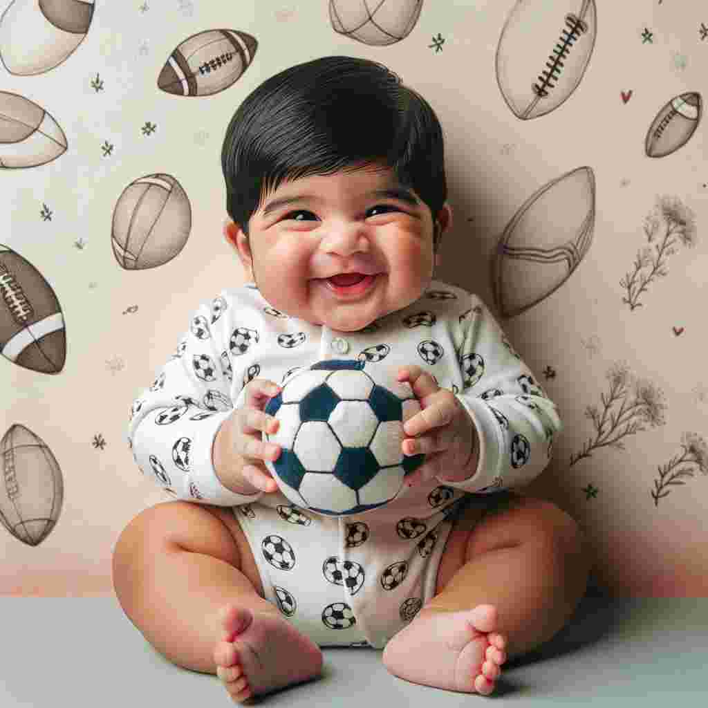 A playful scene takes place with a baby of South Asian descent, who has chubby cheeks and is giggling, is sitting up in a onesie covered in football themes. Surrounding them is a background featuring soft, delicate illustrations of footballs and stars. In their hands, the baby holds a small, soft toy shaped like a football, a subtle hint that the family has a new teammate in their midst.
Generated with these themes: Football .
Made with ❤️ by AI.