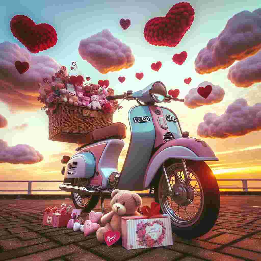Picture an idyllic Valentine's Day scene. Central to this setting is a motorbike, painted in soft pastel hues, bearing the distinctive 'V2 ODD' license plate. This vehicle is resting against a backdrop of a sky aglow with the colours of the setting sun. Above, an abundance of heart-shaped clouds are scattered, adding a touch of whimsy to the tableau. An attached basket at the back of the bike is brimming with a variety of Valentine's goodies. Within the basket are teddy bears, cards, and sweets shaped like hearts, further cementing the romantic atmosphere of the scene.
Generated with these themes: Harley motor bike, and Registration V2 ODD.
Made with ❤️ by AI.