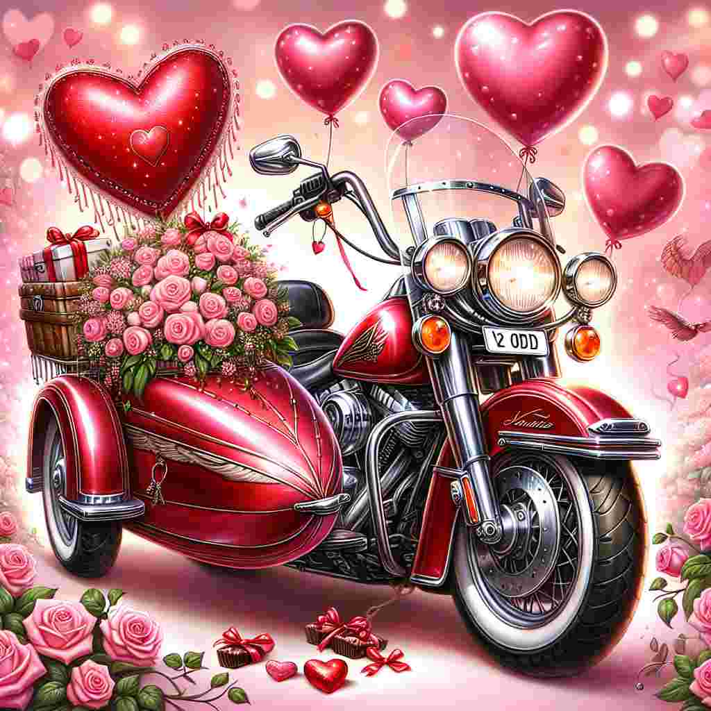 A romantic Valentine's Day themed illustration showcasing a shiny red Harley style motorbike. The license plate reads 'V2 ODD' and is clearly visible. Enchanting heart-shaped balloons are knotted to the handlebars and a sidecar loaded with roses and chocolates adds a delightful touch. The backdrop is painted with soft pink hues and floating hearts that foster a magical, love-filled ambiance.
Generated with these themes: Harley motor bike, and Registration V2 ODD.
Made with ❤️ by AI.