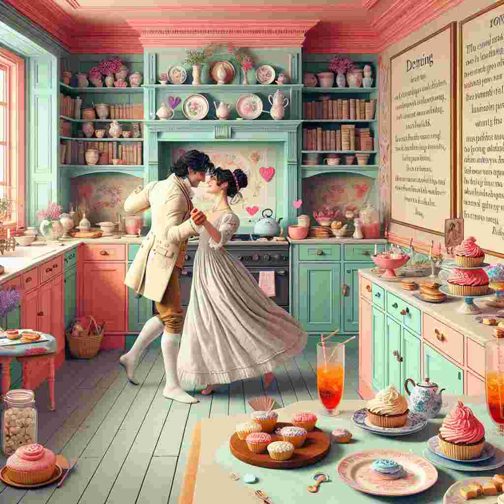 Imagine an image full of color and sweetness, situated in a pastel-hued kitchen. The air is filled with the comforting scent of baking goodies, embodying the spirit of Valentine's Day with undertones reminiscent of the romanticism found in Jane Austen's novels. A bookshelf is plentifully stocked with Austen's works. A couple, dressed in early 19th century Regency-style clothing, glide gracefully around the room, moving in rhythm to a popular melody. In between dances, they pause to sip sugar-free fizzy drinks and laugh heartily, collaboratively crafting a charming heart-shaped cupcake design. To accentuate the room's distinctive allure, the walls are adorned with love notes and lyrics from beloved musicals, creating a harmonious blend of classic literature, modern tunes, and the sheer joy of baking. This setting flawlessly fuses the old with the new, culminating in a delightful Valentine's Day tableau.
Generated with these themes: Jane Austen, Baking, Musicals, Diet coke, and Taylor Swift.
Made with ❤️ by AI.