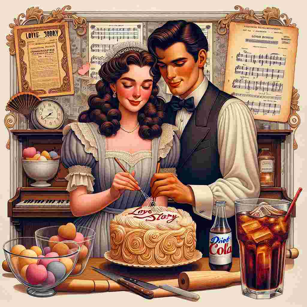Create a charming illustration for Valentine's Day that captures the essence of romance with a theme reminiscent of classic literature. Depict a couple, one a Caucasian woman and the other a Middle-Eastern man, who resemble characters of romantic novels, baking together in a cozy, vintage kitchen. They're surrounded by ornate decorations that hint at classic musicals, with sheet music and vintage playbill posters in the background. A frosty glass of a generic diet cola sits on the counter next to a whimsical cake topped with the words 'Love Story,' placing a modern twist on the entire composition.
Generated with these themes: Jane Austen, Baking, Musicals, Diet coke, and Taylor Swift.
Made with ❤️ by AI.