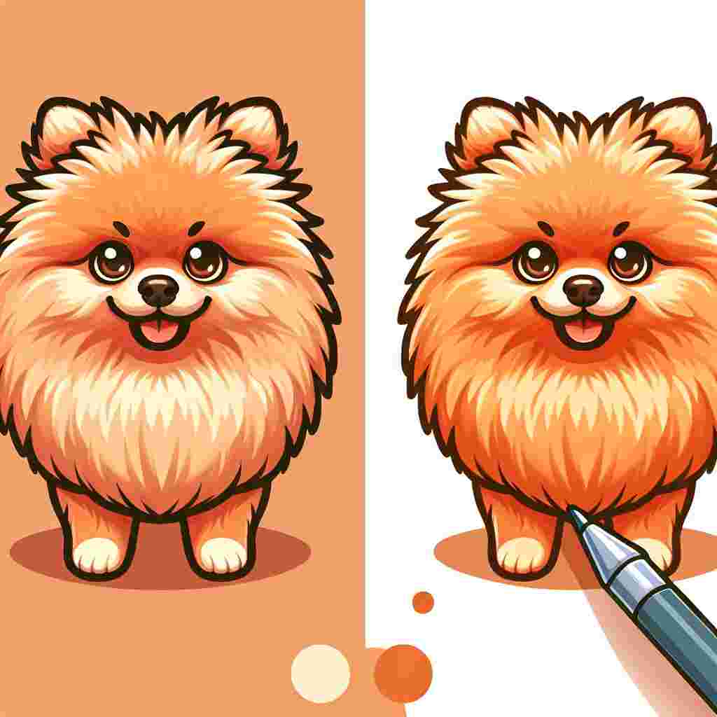 Craft a delightful cartoon depiction of an adult Pomeranian dog. Capture its well-proportioned fluffiness with an orange coat, making it feel like a warm autumn day. Highlight its brown eyes, shining with kindness and a gentle, inviting personality that engages anyone who looks at them.
.
Made with ❤️ by AI.