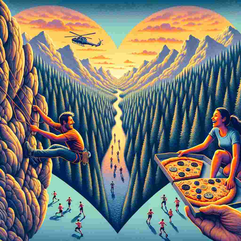 A depiction of a couple enjoying Valentine's Day immersed in the allure of nature. They engage in rock climbing, their hands holding onto the coarse textures of a mountainside, overlooked by awe-inspiring views of a dense forest. Their joy reverberates through the forest as they start a trail running journey, their rhythmic footsteps keeping tune with the pulse of the planet. As the warm hues of the sunset envelop the sky, they are seen sharing pieces of a heart-shaped pizza, this peculiar symbol of their shared interests reflecting the straightforward and pure essence of their affection.
Generated with these themes: Mountains and forest, rock climbing, trail running, pizza heart.
Made with ❤️ by AI.