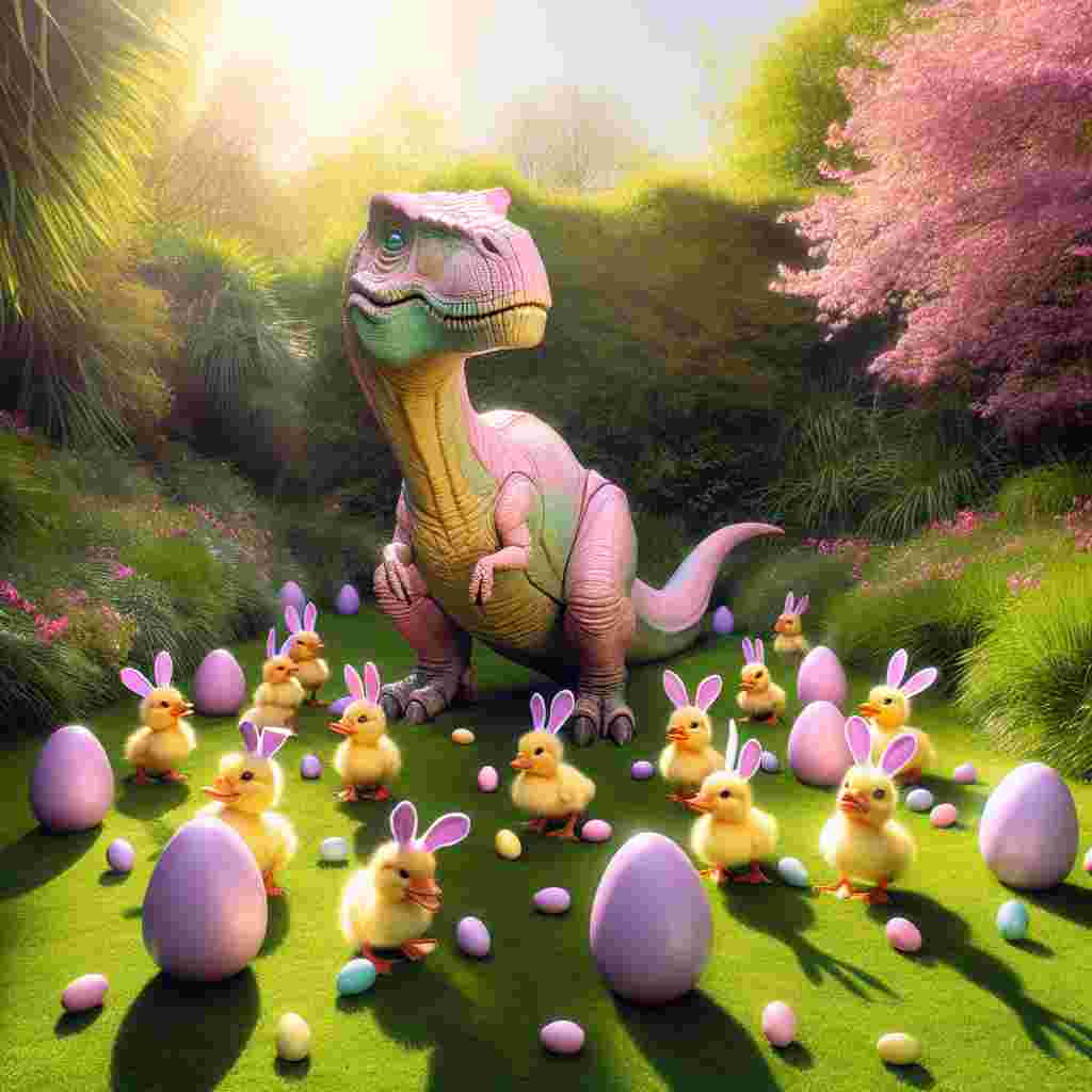 Visualize a cheerful, Easter-themed scene set in a sunlit clearing. Central to the image is a large, pastel pink dinosaur, amiably pretending to be a mother duck as it guides a group of eccentric little ducklings, each adorably kitted out with purple bunny ears. Amidst the lively expanse of lush, verdant grass by the dinosaur's feet, a sprinkle of pastel-coloured Easter eggs find their quiet alcove, contributing to the festive spirit of the captivating and playful arrangement.
Generated with these themes: Big pink dinosaur ducks.
Made with ❤️ by AI.