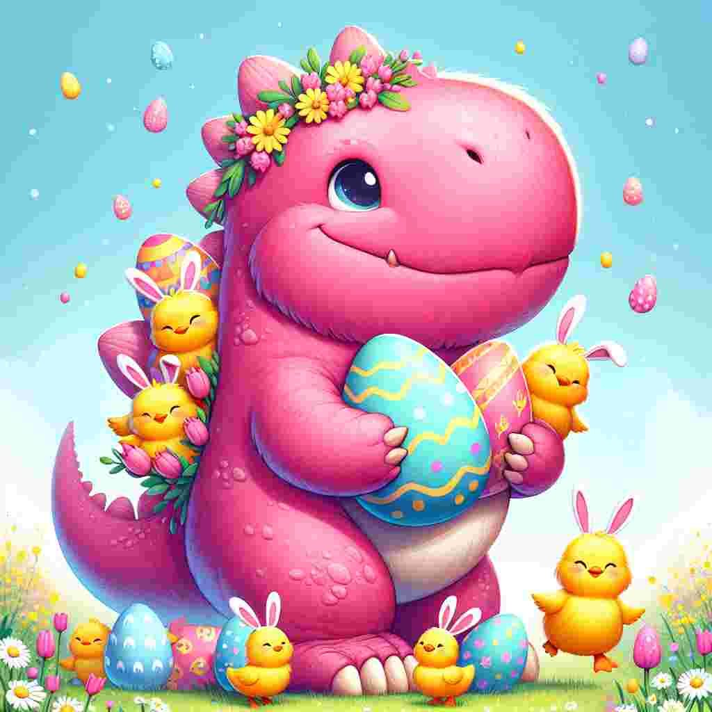 Create a whimsical Easter illustration showcasing a gargantuan, fluffy pink dinosaur carrying a playful expression. This dinosaur, archetypal of a fusion between a cuddly toy and a prehistoric giant, is enveloped by vibrantly colored Easter eggs. Accompanying the dinosaur are cheerful yellow ducklings, each one donning miniature bunny ears, frolicking around the dinosaur's gigantic feet. This joyful scene takes place against a bright spring meadow backdrop, adorned with speckles of daisies and tulips.
Generated with these themes: Big pink dinosaur ducks.
Made with ❤️ by AI.