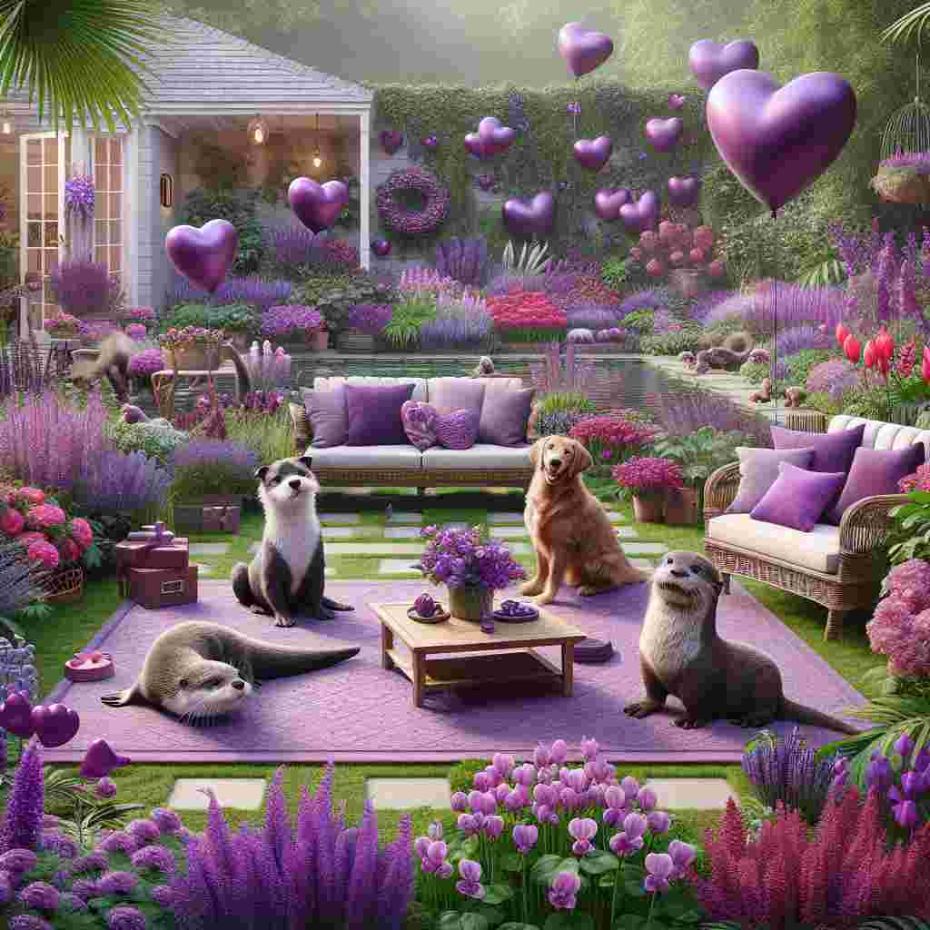 Create a whimsical scene of playful dogs and otters frolicking together in a lush home garden, full with vibrant purple flowers. The garden is beautifully decorated and serves as an appropriate setting for Valentine's Day, with heart-shaped balloons floating around and cozy spaces ideal for lounging. Amidst the varied greenery, shades of purple stand out, from the violet-hued blooms to the animals' playful accessories. The scenario is a celebration of love and a visual feast revolving around the color purple.
Generated with these themes: Dogs and otters, Home garden, and Favourite Color purple.
Made with ❤️ by AI.