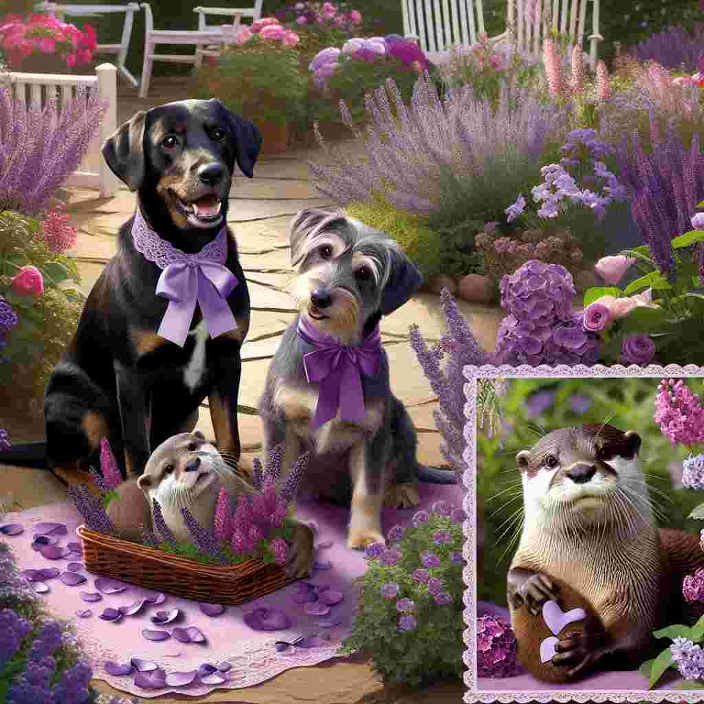 Create an endearing Valentine's Day-themed image featuring dogs and otters in a home garden. The area should be abundant with flowers in different shades of purple, such as lavender and lilacs. Dogs adorned with purple ribbons on their necks should be playfully interacting in the scene, wagging their tails happily. A pair of otters should be captured in a sweet embrace, holding paws amid the floral bed. This charming depiction should resonate with the spirit of love and companionship, symbolizing the essence of the Valentine's Day holiday.
Generated with these themes: Dogs and otters, Home garden, and Favourite Color purple.
Made with ❤️ by AI.