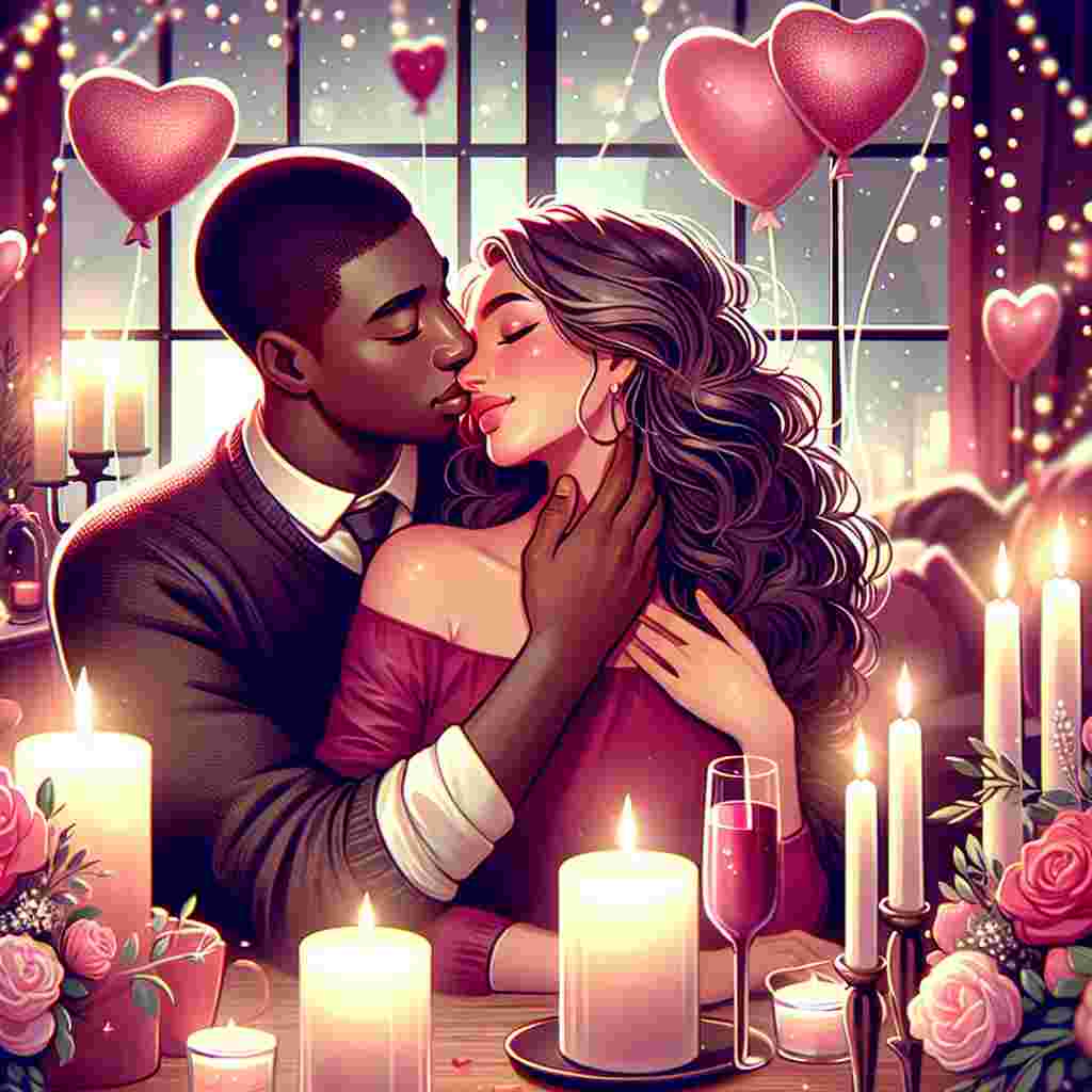 Create an enchanting illustration showcasing a heartwarming scene of a cozy setting with a mixed-race heterosexual couple, a Black man and a Hispanic woman, engaged in a tender embrace, their lips connecting in a soft, sweet kiss. Add subtle tones of pink and red that amplify the Valentine's Day theme, with heart-shaped balloons dancing in the backdrop and soft, glowing candlelight casting a romantic hue over the scene.
Generated with these themes: Kiss .
Made with ❤️ by AI.