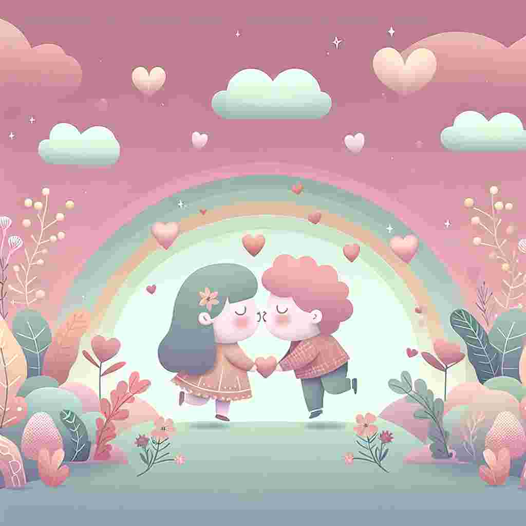 Visualize a tender moment set against a fanciful pastel-colored backdrop. The scene features two endearing characters of unspecified descent and varying gender, immersed in a gentle kiss. These characters are surrounded by floating hearts, representing the bliss of Valentine's Day. The art style of this scene is imbued with playfulness and innocence replicating the essence of a tender, romantic greeting.
Generated with these themes: Kiss .
Made with ❤️ by AI.