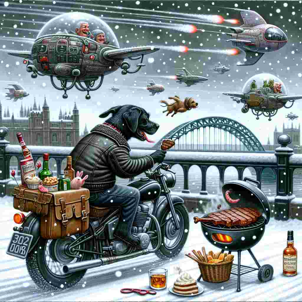 A whimsical celebration of Valentine's Day unravels on the snowy Tyne Bridge. A black Labrador, clad in a leather jacket, takes on the role of a confident biker. With saddlebags filled with whiskey and vanilla ice cream, the canine rides a motorbike against the chilly wind. Simultaneously, it showcases its talent by juggling a sizzling steak on a small barbeque attached to the sidecar. Overhead, fanciful extraterrestrial ships zip by. The friendly alien ship passengers wave in glee, celebrating the universal language of love. Snowflakes whirl around, each reflecting the unique designs of the flying crafts. The scene points towards a remote galaxy, but perhaps the destination is simply a warm nook where the dog-pilot can relish its Valentine's feast.
Generated with these themes: Black Labrador riding motorbike drinking whiskey, Tyne bridge, Motorbike, Steak, Star Wars , Aliens, Vanilla ice cream, Whiskey, and Snow.
Made with ❤️ by AI.