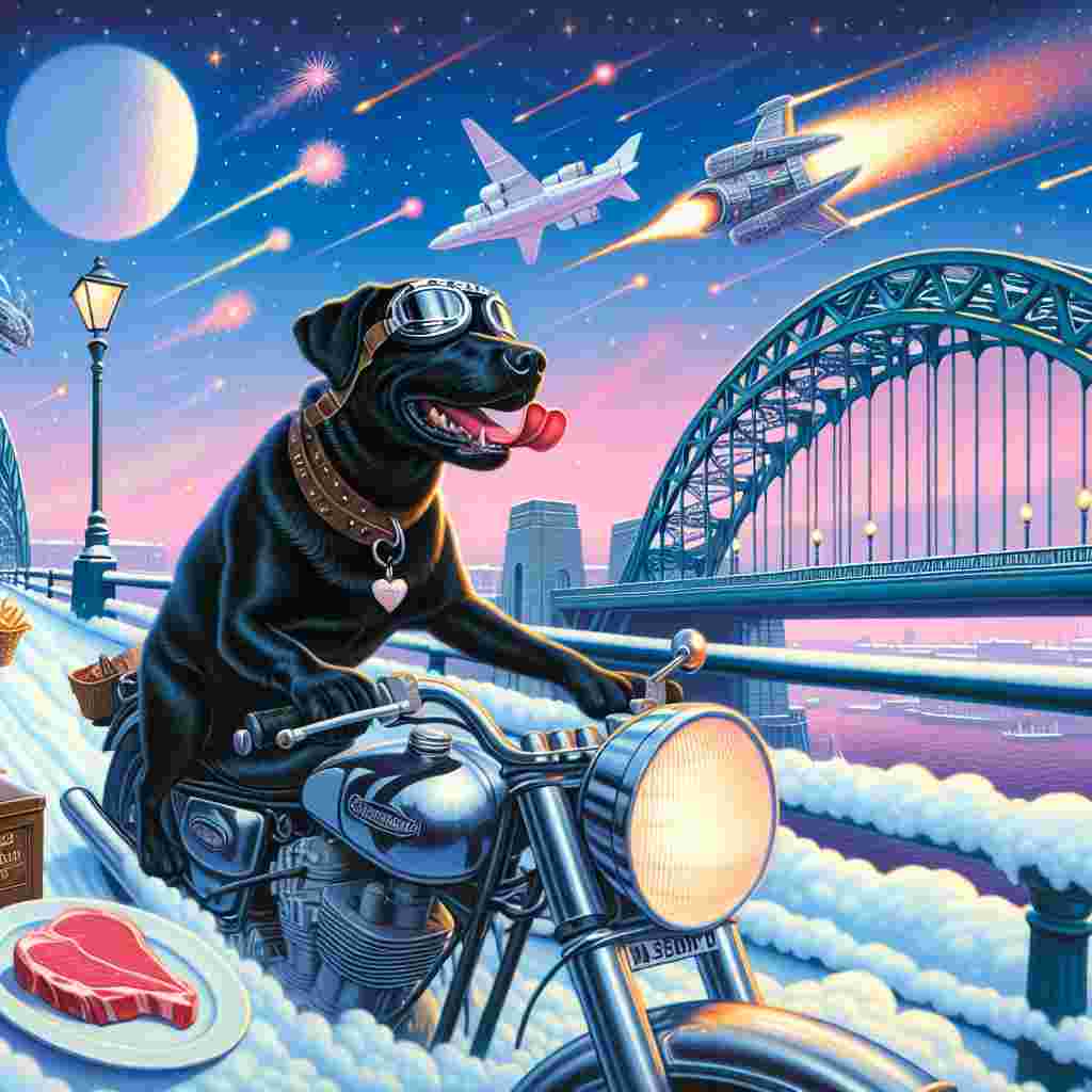 Envision a peculiar Valentine's scenario where a black Labrador, equipped with goggles, glides across the Tyne Bridge aboard a polished motorbike. Its tongue playfully flaps against the wind as it takes a sharp sip of a drink from a flask. Overhead, gentle snow drapes the bridge like a winter veil. Securely attached next to the dog is a steak, saved for a snack later. Above in the starry night sky, an intense space conflict ensues, involving extraterrestrials and intergalactic weapons sparking in a colourful show. To conclude, the Labrador's adventure concludes at a cosy spot where a dish of classic vanilla ice cream waits as a delightful finale to this unusual Valentine's adventure.
Generated with these themes: Black Labrador riding motorbike drinking whiskey, Tyne bridge, Motorbike, Steak, Star Wars , Aliens, Vanilla ice cream, Whiskey, and Snow.
Made with ❤️ by AI.