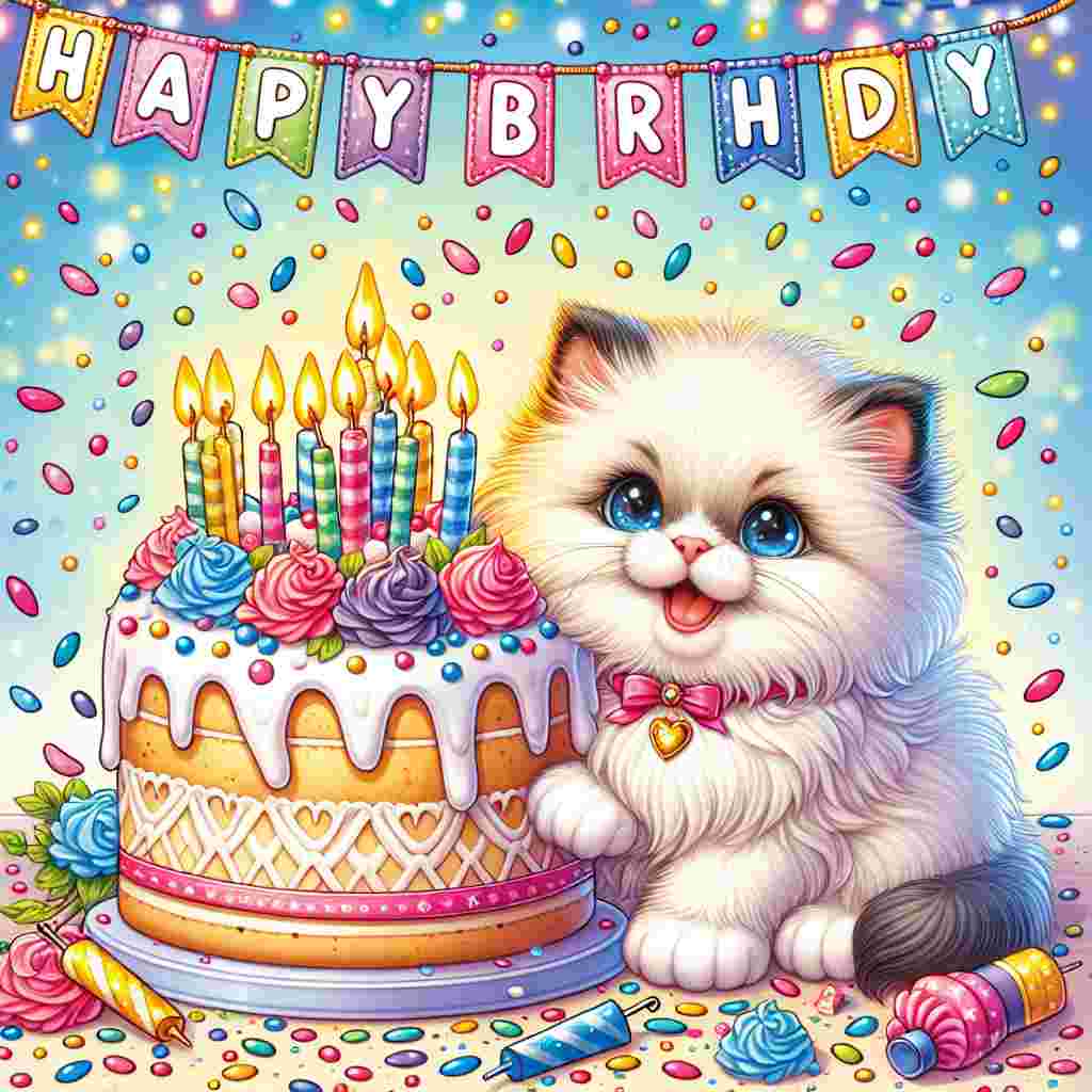 An adorable scene where a cartoon Himalayan kitten pops out of a birthday cake, with confetti sprinkled around. 'Happy Birthday' is displayed in bold letters on the flag banner above the kitten.
Generated with these themes: Himalayan Birthday Cards.
Made with ❤️ by AI.