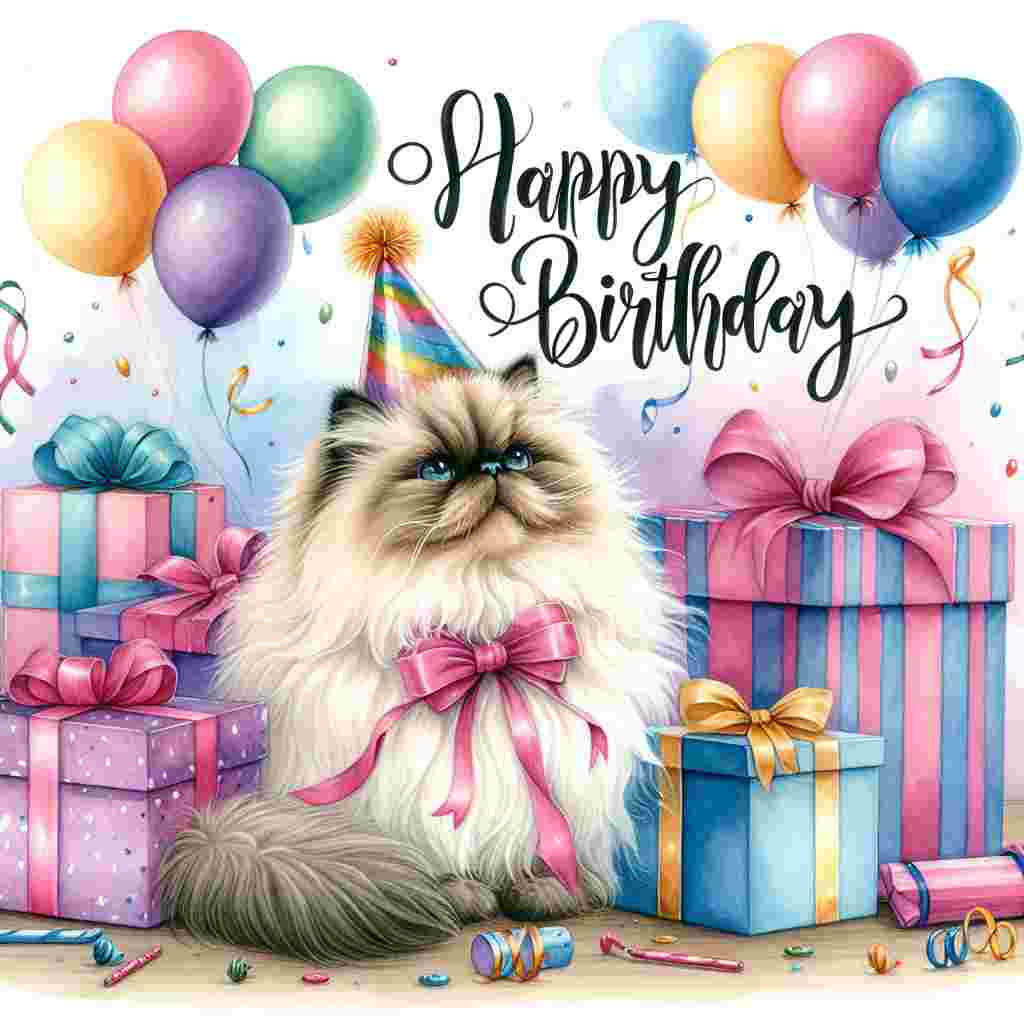 A watercolor illustration featuring a fluffy Himalayan cat wearing a party hat amidst a pile of colorful gifts. Balloons float in the background, and above them, the text 'Happy Birthday' is written in cheerful, curly font.
Generated with these themes: Himalayan Birthday Cards.
Made with ❤️ by AI.