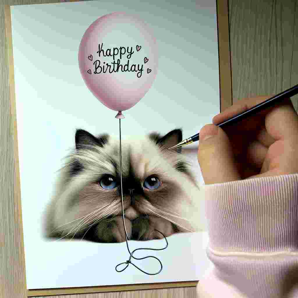 A digital art piece showing a Himalayan cat with big, innocent eyes holding a single birthday balloon with its mouth. The balloon string leads up to the sweetly scripted 'Happy Birthday' message in the top corner of the card.
Generated with these themes: Himalayan Birthday Cards.
Made with ❤️ by AI.