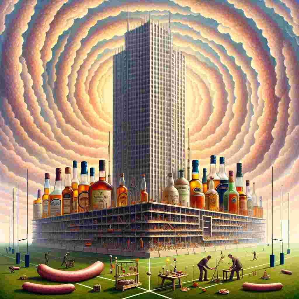 A skyscraper is situated against a swirling background representing a dreamy sunset. The monumental structure rises from a rugby field. Two unidentified lovers are seen on the field, engaged in the act of etching their initials onto the ground. Dangling from the ledges of the building are bottles filled with whisky and cider, their fluids mingling into an enchanting brew. A chain of sausages winds through a homemade workshop located below the building, amidst which various tools and trinkets assemble a heart-shaped symbol. This collection of elements forms a peculiar yet poetic tableau, celebrating the concept of love in an extraordinarily abstract and whimsical manner.
Generated with these themes: Rugby, Building, Whisky, Cider, Sausages, and DIY.
Made with ❤️ by AI.