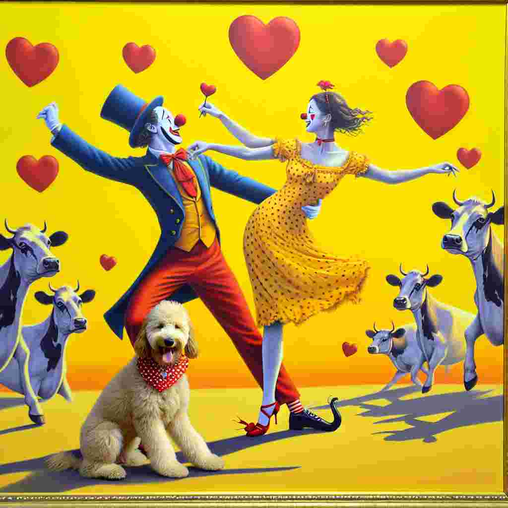 Create an image that depicts the whimsical setting of Valentine's Day. Two friendly clowns are positioned in an iconic dance pose reminiscent of the pose captured on certain classical music album covers, against a vibrant yellow backdrop. A playful and cheerful labradoodle, adorned with a heart-shaped collar, cavorts around them. Calm, joyous cows are seen scattered in the background, contentedly partaking in the Valentine's day atmosphere. Hearts float in the air, representing the joyous spirit of the day, and together, complete this symbolic representation of love and playfulness.
Generated with these themes: Clowns, Fleetwood mac, Yellow, Labradoodle, and Cows.
Made with ❤️ by AI.
