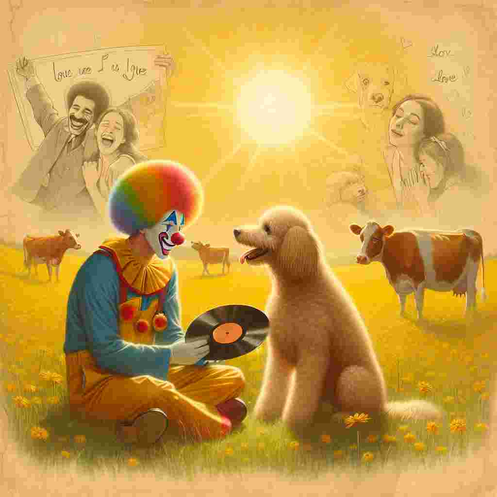 Create a Valentine's Day illustration capturing a heartfelt scene where two clowns, one Hispanic male and one Caucasian female, are sharing a tender moment in a bright, sunny meadow. The background features playful sketches of a jubilant labradoodle and cows grazing contentedly, all saturated in a warm, yellow glow akin to the light of a late afternoon sun. The spirit of the popular 70's music is subtly woven into the scene by having the clowns holding up record albums, symbolizing timeless love songs that serve as a backdrop to this tranquil, bucolic ambience.
Generated with these themes: Clowns, Fleetwood mac, Yellow, Labradoodle, and Cows.
Made with ❤️ by AI.