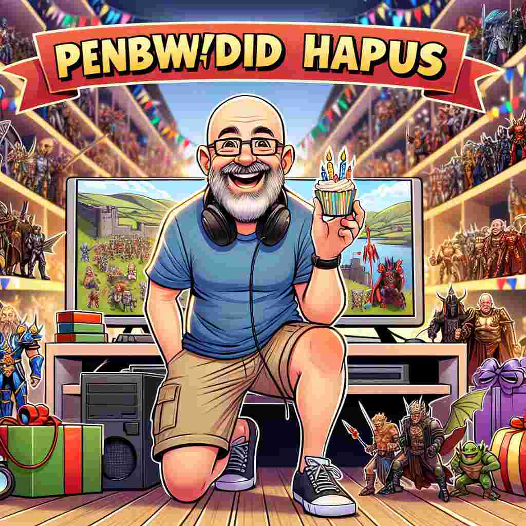 This is a lively cartoon illustration capturing a joyous 50th birthday celebration with a unique twist. Central to the scene, a cheerful 50-year-old Caucasian man with a bald head, beard, and glasses is prominently featured, hinting at his personality and hobbies. He's wearing casual attire consisting of shorts and he's standing in front of a computer symbolizing his professional and personal interests. The background overflows with an impressive array of fantasy action figures on shelves, reflecting his sign of a true collector. 'Penblwydd Hapus', the Welsh term for happy birthday, adorns the atmosphere, adding a touch of his heritage to the milestone celebration.
Generated with these themes: Welsh happy birthday, 50th birthday , Pod casting, 50 year old man, Bald with beard and glasses, Shorts, Fantasy action figure collectables, and Computer work.
Made with ❤️ by AI.