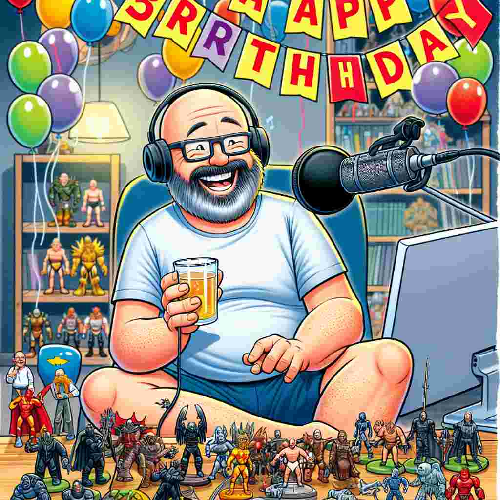 A lively, playful cartoon birthday setting teems with laughter and individual highlights perfect for a 50th jubilee. At the heart of the scene, a bald man with a beard, wearing glasses, grins cheerfully, holding a microphone to signify his adoration for podcasting. Surrounding him are detailed fantasy action figures, methodically positioned, each resonating with this laid-back person's hobby for collecting. The man, casually attired in shorts demonstrating his relaxed personality, is seated cozily at a computer, signifying the blend of his work and leisure activities. Above, multicolored balloons carry the Welsh greeting for abundant birthday wishes, incorporating a hint of cultural pride in this significant event.
Generated with these themes: Welsh happy birthday, 50th birthday , Pod casting, 50 year old man, Bald with beard and glasses, Shorts, Fantasy action figure collectables, and Computer work.
Made with ❤️ by AI.