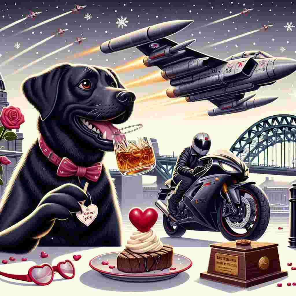 A Valentine's Day themed illustration featuring a playful black Labrador with a mischievous sparkle in its eyes, sipping whiskey whilst skillfully handling a shiny sports motorbike. The backdrop is the Tyne Bridge and an interesting feature is a fictional futuristic fighter plane, reminiscent of designs from popular space fantasy films, playfully flying around, contributing to the adventurous aura. A heart-shaped steak, hinting at a romantic meal, is paired with a dollop of classic vanilla ice cream in the focal point of the image. The air is filled with tiny snowflakes, creating a wintery ambiance, with the overarching theme of romance emphasized by the shared appreciation for good whiskey, suggesting a tale of friendship and joy.
Generated with these themes: Black Labrador drinking whiskey riding a sports motorbike, Tyne bridge, Stars wars x wing fighter, Heart shaped steak, Vanilla ice cream, Snow, Romance, and Whiskey.
Made with ❤️ by AI.
