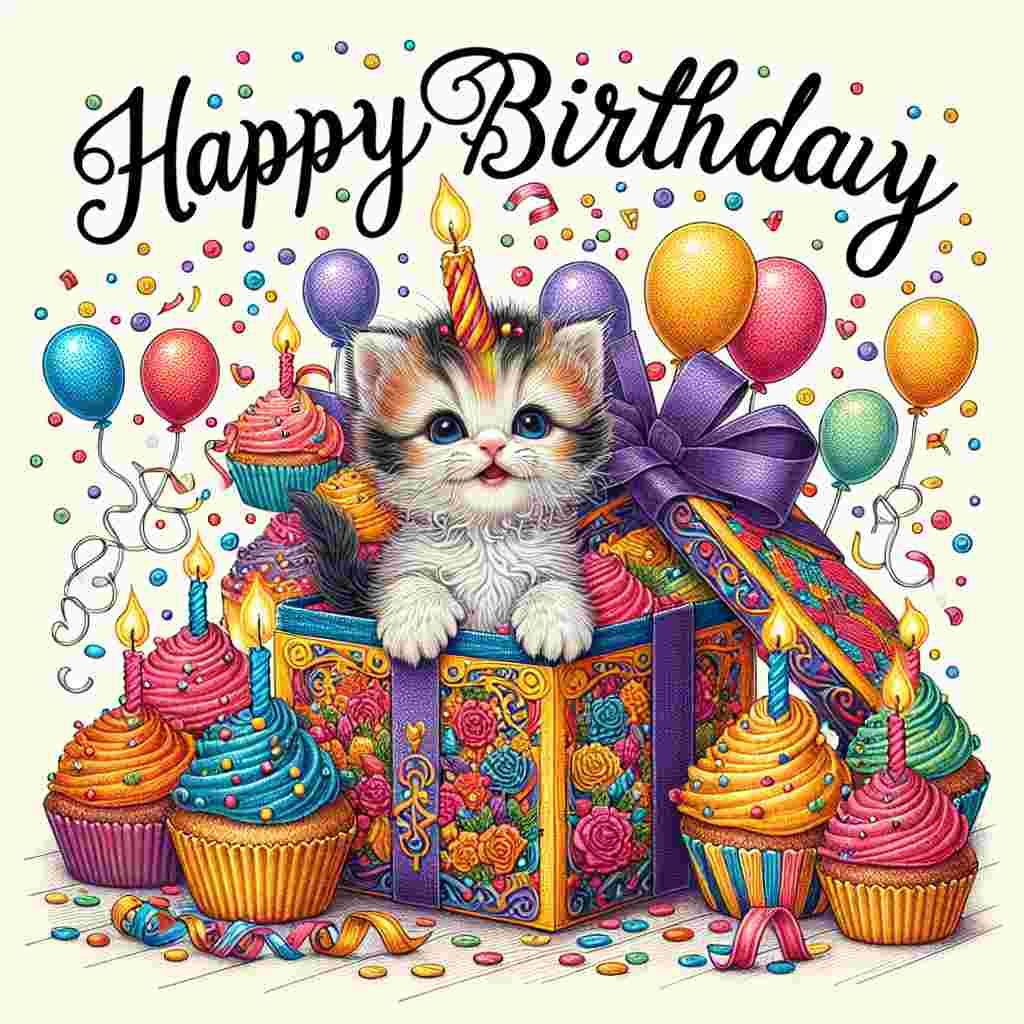A charming illustration depicting a teacup-sized kitten popping out of a gift box, surrounded by confetti and cupcakes with a single candle on each. The scene is topped off with 'Happy Birthday' written in a swirly, whimsical script that adds a cool flair to the image.
Generated with these themes: cool  .
Made with ❤️ by AI.