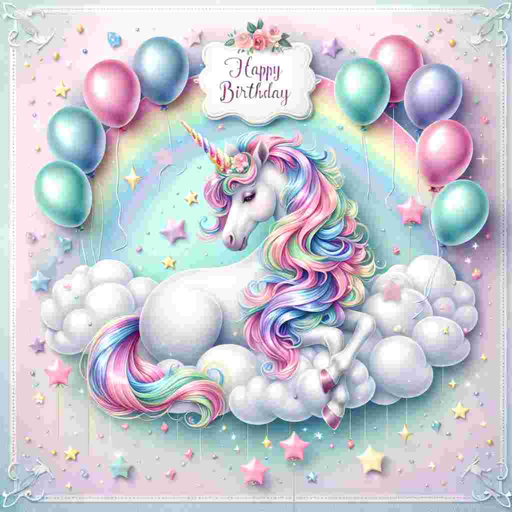 An adorable scene of a pastel-colored unicorn with a rainbow mane standing on a cloud, surrounded by floating balloons and stars. A stylish 'Happy Birthday' banner is draped across the top corner, accented with little sparkles to give it that cool edge.
Generated with these themes: cool  .
Made with ❤️ by AI.