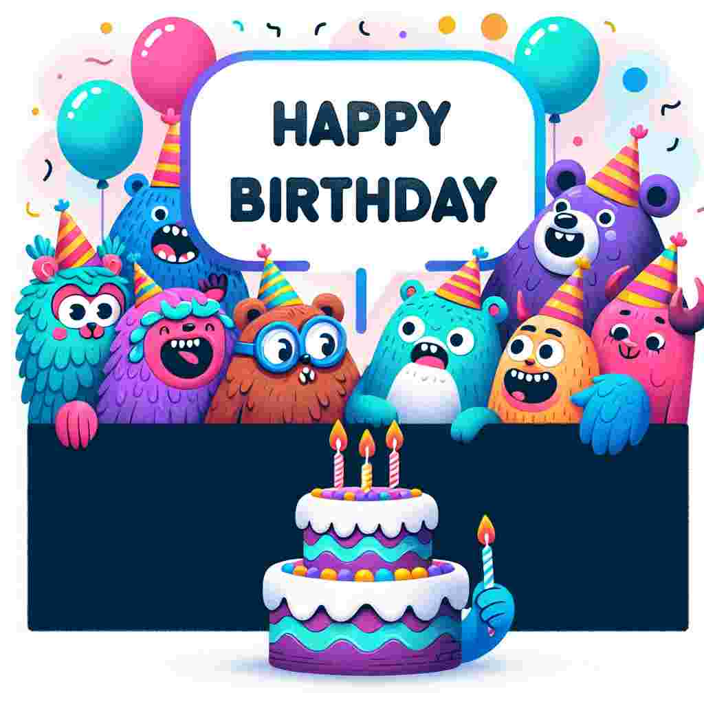 A whimsical drawing featuring a group of animated animals wearing party hats, gathered around a cake with vibrant icing and candles. The words 'Happy Birthday' float above in a cool, fun font encased in a bubble speech coming from a grinning cartoon bear.
Generated with these themes: cool  .
Made with ❤️ by AI.