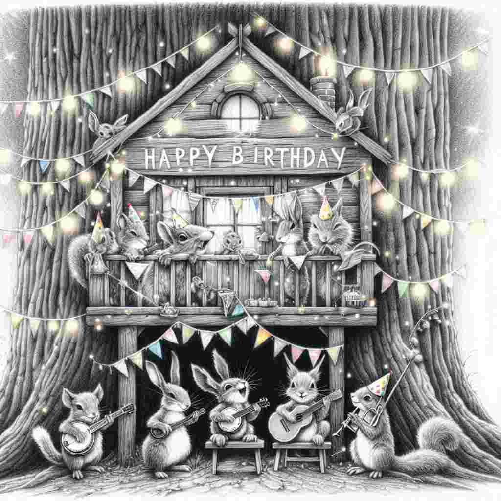 A captivating sketch showing a treehouse adorned with fairy lights and bunting, with a group of forest creatures wearing party hats and playing musical instruments. In the background, 'Happy Birthday' is etched into the tree's trunk in a cool, rugged font, harmonizing with the enchanted theme.
Generated with these themes: cool  .
Made with ❤️ by AI.