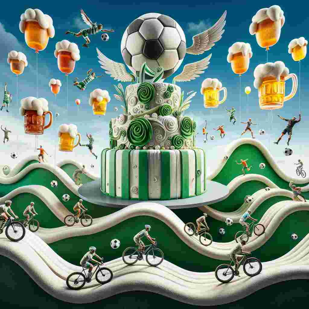 A surreal scene that merges the world of football and birthday celebrations into one. The center of the scene features a large, whimsical birthday cake with green and white stripes, in homage to a fictional football club. Flourishing from the cake are winged footballs fluttering around. Encircling the cake are undulating hills crafted from textured foam reminiscent of beer, where bicycle riders of varying genders and descents ascend trails spiraling upwards, contradicting gravity. Overhead, a dazzling collection of bright birthday balloons in the shape of beer mugs floats, casting a joyful atmosphere over the whole scene.
Generated with these themes: Celtic football club , Beer, and Cycling .
Made with ❤️ by AI.