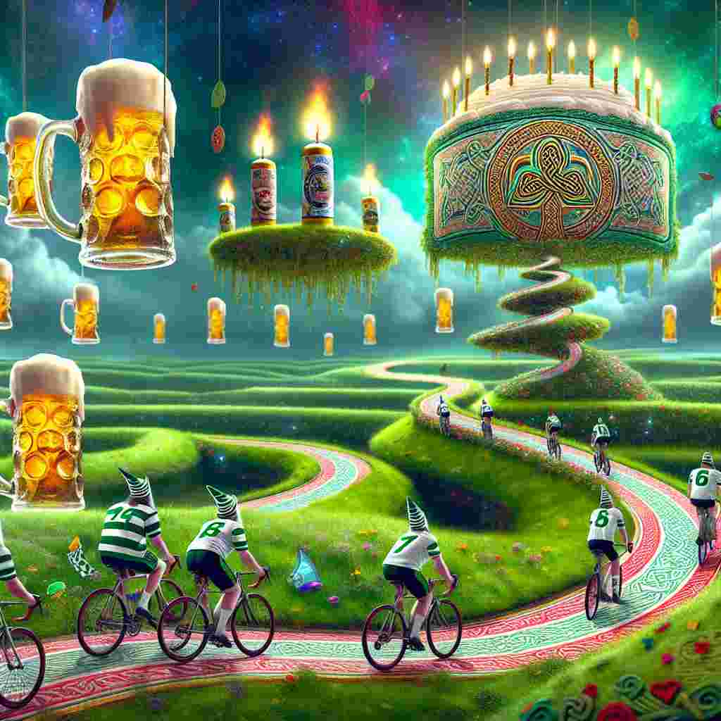 Envision a cycling track that twists and turns through a mystical landscape. This atypical path is made out of woven football scarves with Celtic designs, winding its way around towers of effervescing beer steins. The cyclists, donning jerseys with Celtic patterns, ride on unique bicycles crafted from beer bottles, trailing a wake of fizzing bubbles. Suspended in the heavens is a magnificent, divine birthday cake, it carries a distinct crest reminiscent of Celtic symbolism, with candles burning an otherworldly, emerald flame. The atmosphere is vibrant and surreal, infused with an element of birthday enchantment.
Generated with these themes: Celtic football club , Beer, and Cycling .
Made with ❤️ by AI.