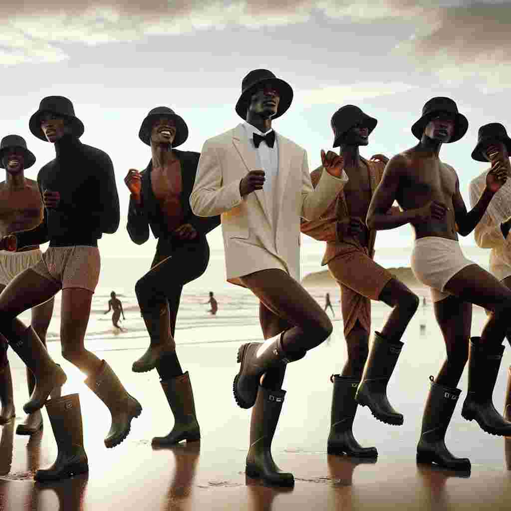 Generate a realistic image capturing a New Year's celebration on a beachside. The group scene should prominently feature Black individuals, each showcasing a vibrant spirit of happiness. In the background, the vast horizon should be visible. Each individual should be fashionably dressed in a stylish bucket hat, moving rhythmically to an upbeat rhythm. The people's attire should be marked by an unusual yet charming contrast of sophisticated underwear with practical, sturdy wellington boots. Portray them as they dance and joyously welcome the New Year, their faces lit by warm, radiant smiles.
Generated with these themes: Crowd of Black people dancing on a beach, wearing bucket hats, underwear and wellies.
Made with ❤️ by AI.