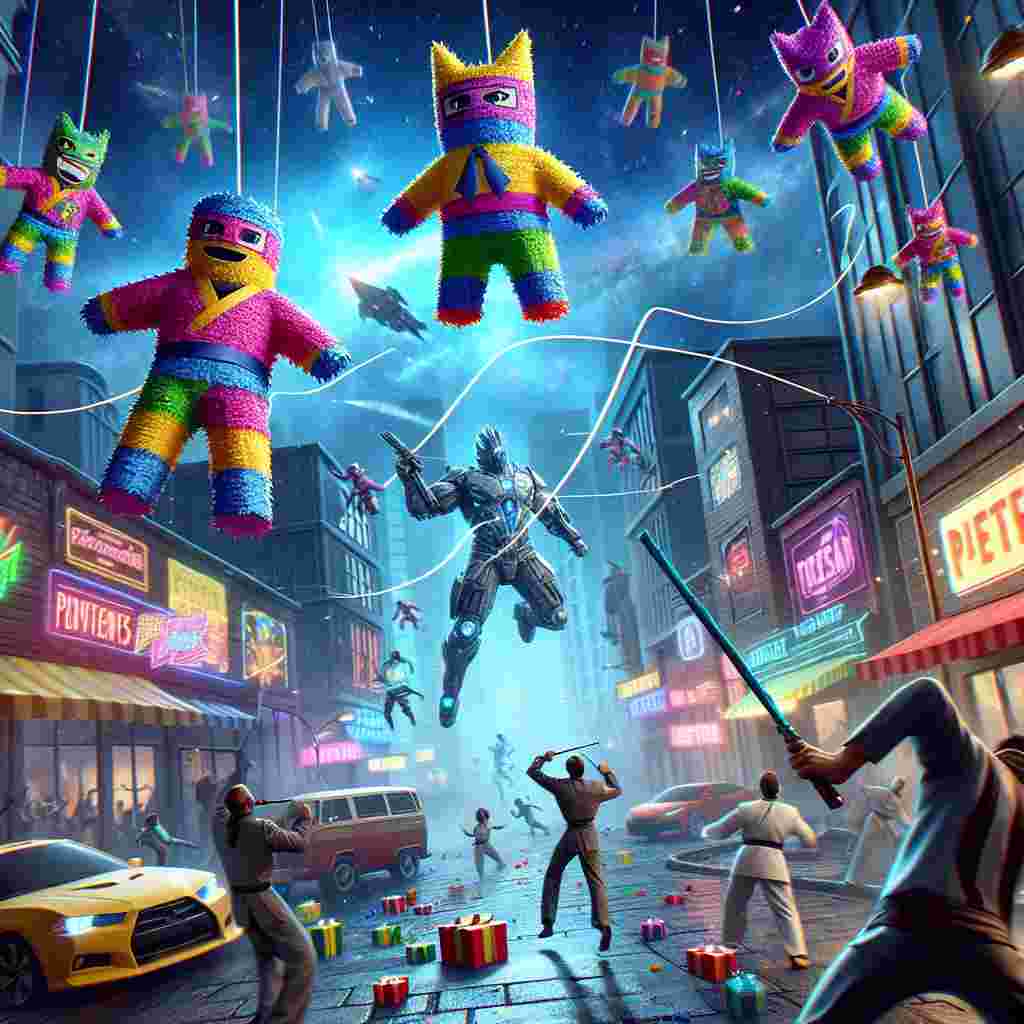 Picture a surreal birthday scene set in a busy, imaginary comic-themed city that integrates features of a popular battle-royale video game. Hanging from streetlights are colorful piñatas shaped like martial arts uniforms. Party guests, levitating mysteriously, are trying to hit these piñatas using devices that shoot out web-like strings. An enormous holographic figure of a generic rapper performs energetically in the sky, his presence sparking with each rhymed line. Meanwhile, a character clad in high-tech armor flies past, handing out hi-tech presents while below, a cosmic version of a popular birthday party game – capture the flag for treats – takes place.
Generated with these themes: Jiu jitsu, Fortnite, Marvel, and Eminem.
Made with ❤️ by AI.